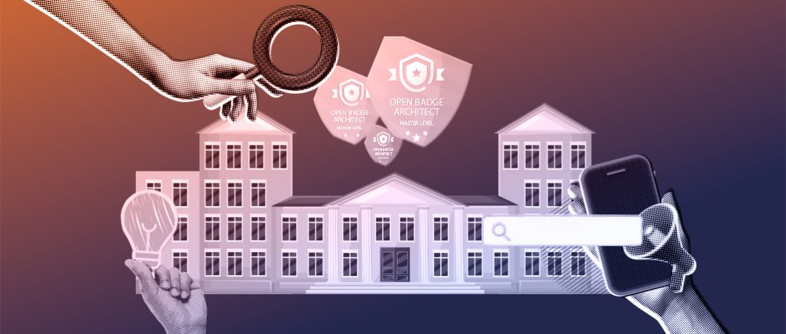 Mikropoświadczenia to szansa dla uczelni w Polsce - grafika prezentująca budynek uczelni, rękę trzymającą lupę oraz grafiki cyfrowych odznak oraz mikropoświadczeń w standardzie Open Badges.