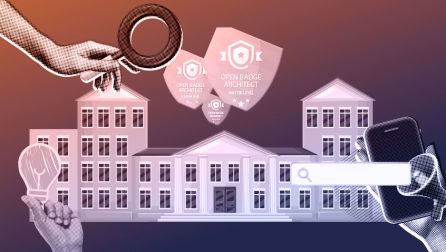 Mikropoświadczenia to szansa dla uczelni w Polsce - grafika prezentująca budynek uczelni, rękę trzymającą lupę oraz grafiki cyfrowych odznak oraz mikropoświadczeń w standardzie Open Badges.