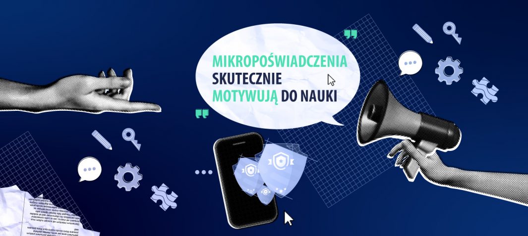 Mikropoświadczenia skutecznie motywują do nauki - hasło w symbolicznej chmurce z głośnika, wokół symbole nauki i pracy, wszystko umieszczone na granatowym tle.