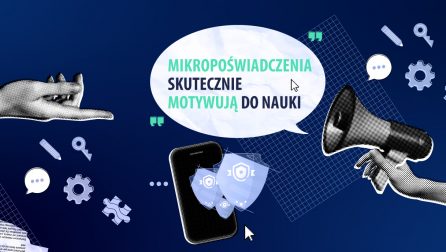 Mikropoświadczenia skutecznie motywują do nauki - hasło w symbolicznej chmurce z głośnika, wokół symbole nauki i pracy, wszystko umieszczone na granatowym tle.