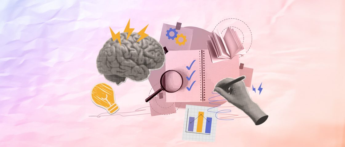 Myślenie krytyczne - grafika na jasnym pastelowym tle prezentująca zestaw elementow związanych z kompetencjami (lupa, mózg, lista zadań, wykres, książka itd.).