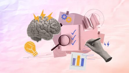 Myślenie krytyczne - grafika na jasnym pastelowym tle prezentująca zestaw elementow związanych z kompetencjami (lupa, mózg, lista zadań, wykres, książka itd.).