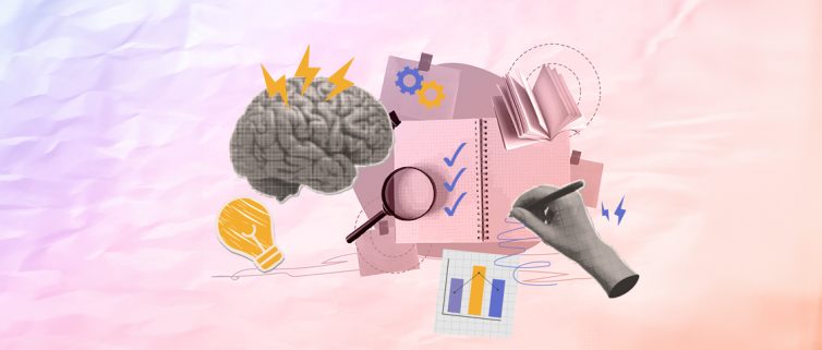 Myślenie krytyczne - grafika na jasnym pastelowym tle prezentująca zestaw elementow związanych z kompetencjami (lupa, mózg, lista zadań, wykres, książka itd.).