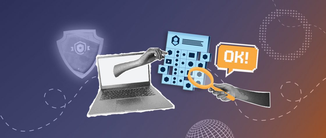 Mikropoświadczenia i odznaki cyfrowe - nowoczesne formy potwierdzania umiejętności. Na grafice symbole potwierdzania umiejętności, dowody na ich posiadanie, symbol odznaki, ręka wystająca z ekranu lapropa i pokazująca listę dowodów, druga ręka sprawdzająca je pod lupą i napis "ok".