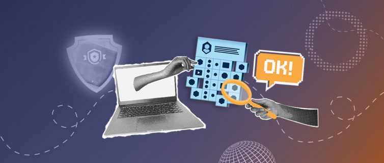 Mikropoświadczenia i odznaki cyfrowe - nowoczesne formy potwierdzania umiejętności. Na grafice symbole potwierdzania umiejętności, dowody na ich posiadanie, symbol odznaki, ręka wystająca z ekranu lapropa i pokazująca listę dowodów, druga ręka sprawdzająca je pod lupą i napis "ok".