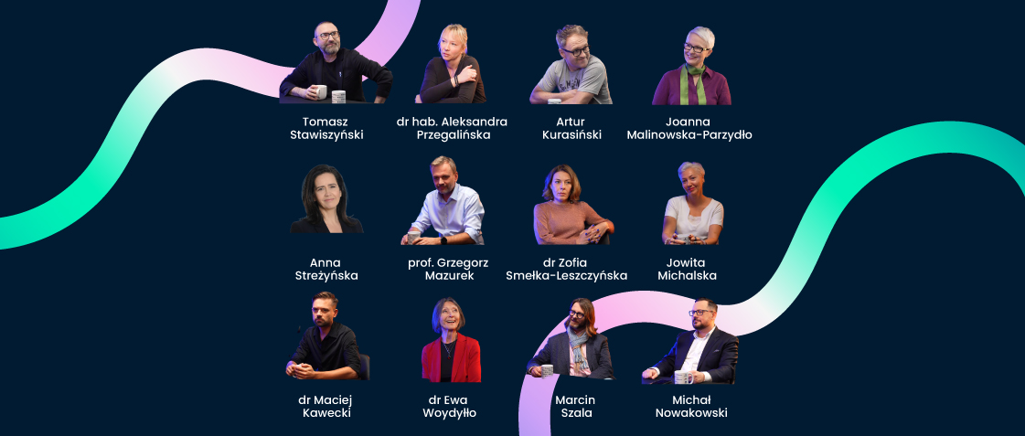 "Po pierwsze, umiejętności. Podcast o tym, jak być na czasie", wszyscy goście podcastu na granatowym tle